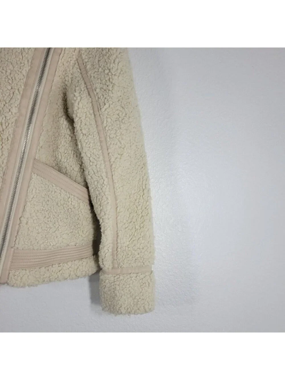 Abercrombie and Fitch Fleece Moto Jacket Women Small Faux Leather Beige Y2K 90s